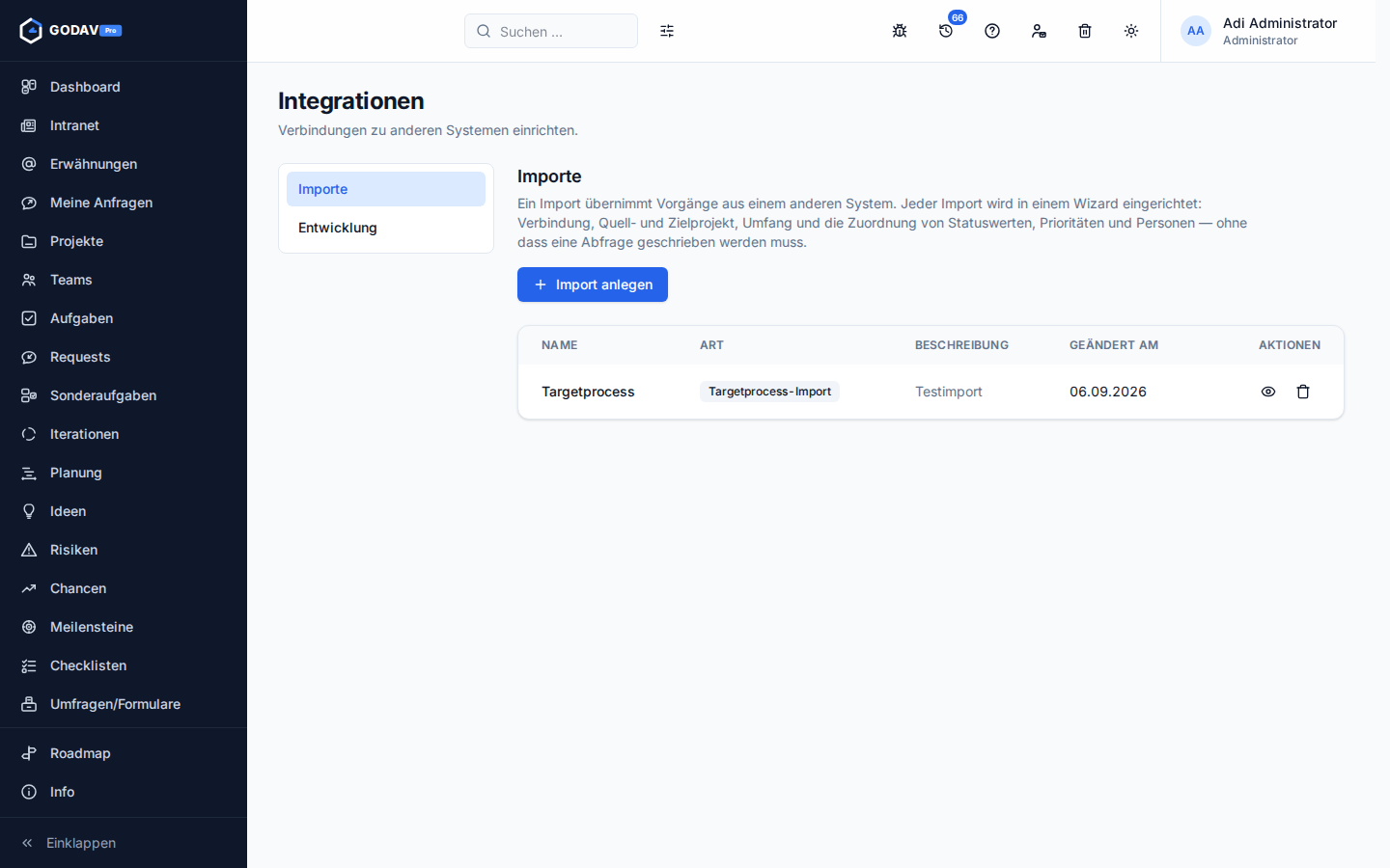 Die Liste der Importe unter Integrationen