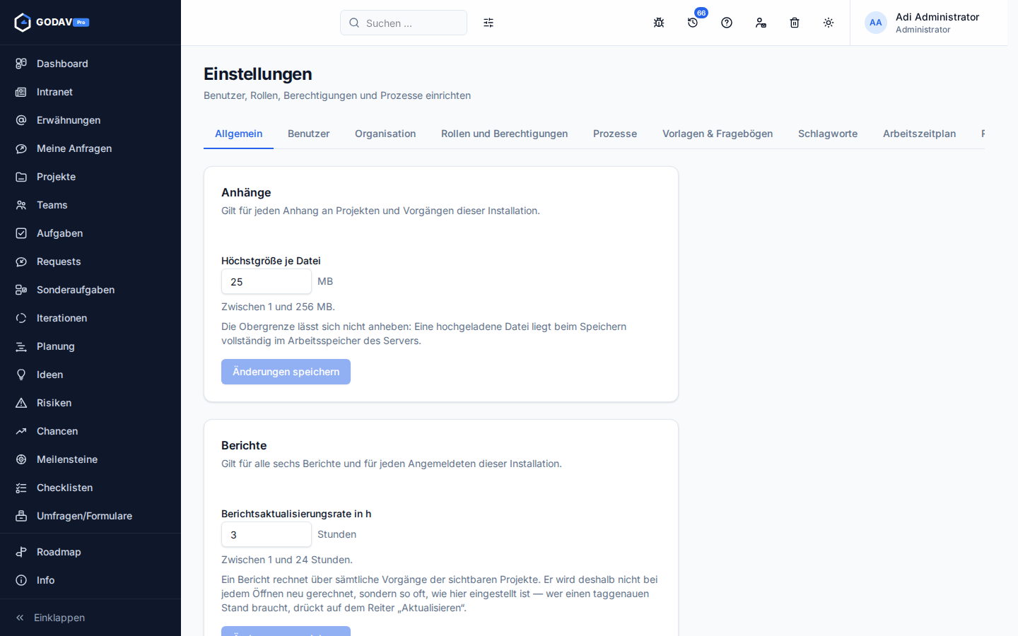 Einstellungen, Reiter „Allgemein“, mit der Höchstgröße je Datei