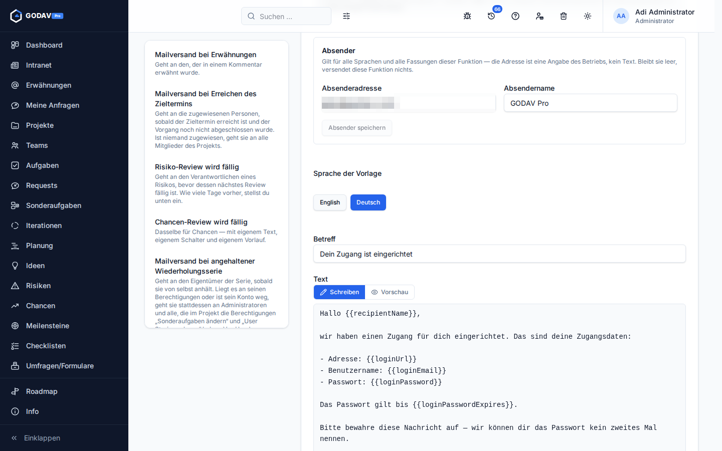 Die Mailvorlage „Dein Zugang ist eingerichtet“ mit den Platzhaltern für Adresse, Benutzername und Passwort