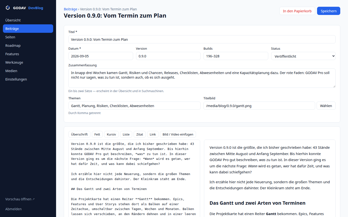 Der Editor im DevBlog-Backend: Eingabefelder für Titel, Datum und Status, darunter Markdown links und die Vorschau rechts