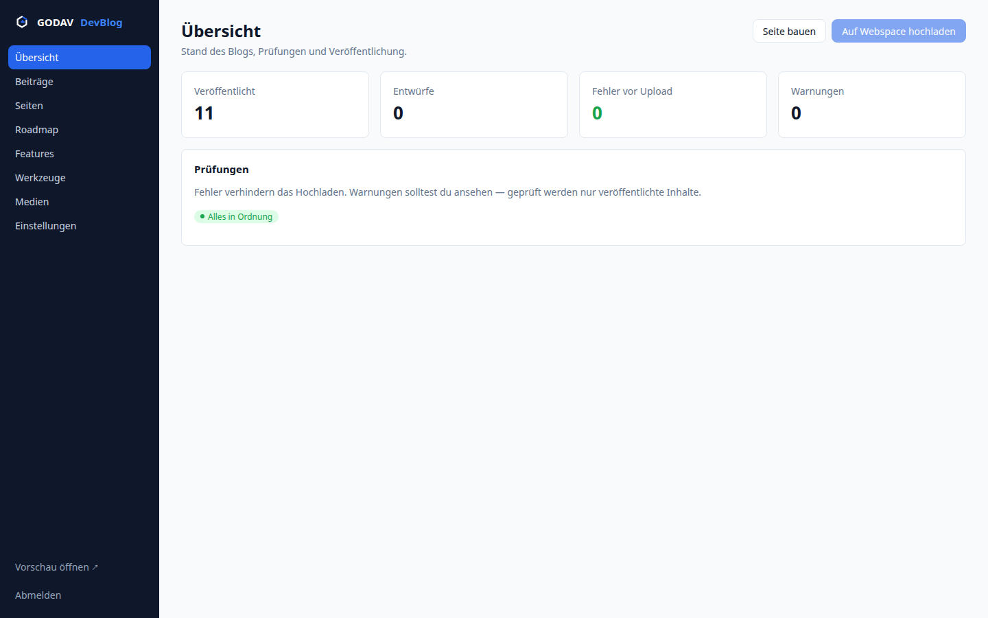 Die Übersicht im DevBlog-Backend mit Kennzahlen und der Prüfung „Alles in Ordnung”