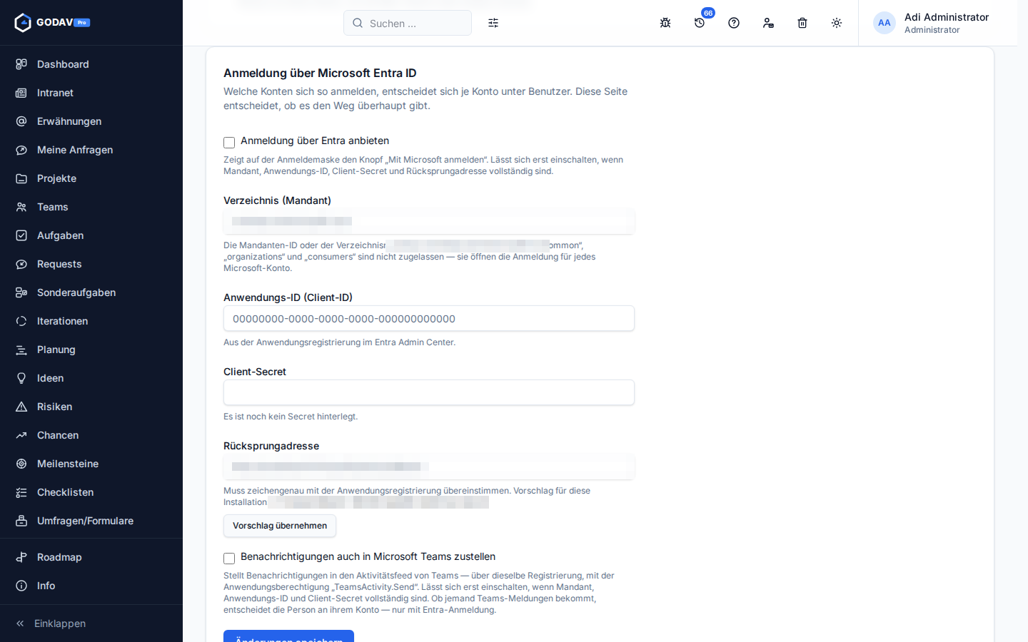 Die Einrichtungsfelder für die Anmeldung über Microsoft Entra ID