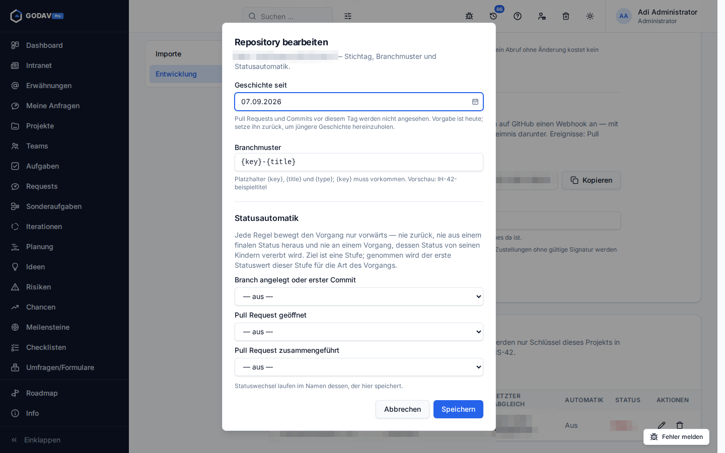 Der Dialog „Repository bearbeiten“ mit Stichtag, Branchmuster und den drei Regeln der Statusautomatik