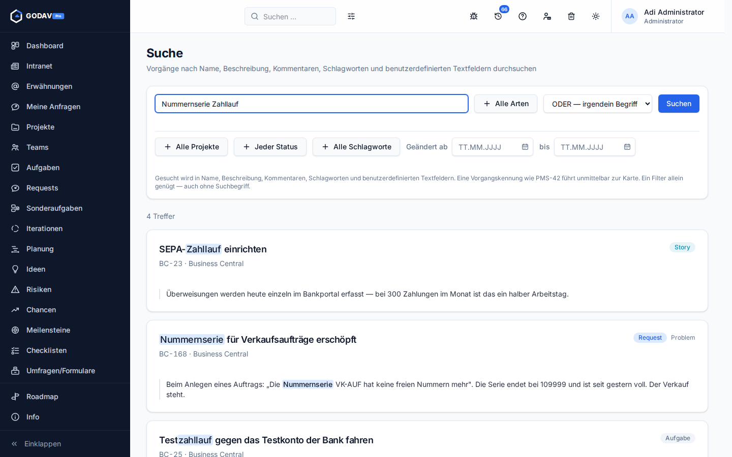 Die Suchmaske mit ODER-Verknüpfung und mehreren Treffern aus Business Central