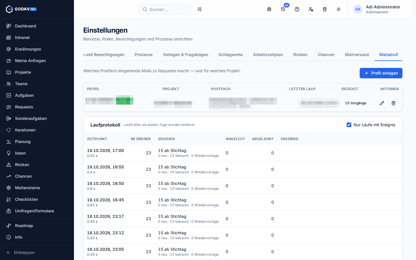 Das Laufprotokoll eines Abrufprofils mit Zeitpunkt, Mails im Ordner, gesehenen, angelegten und abgelehnten Nachrichten