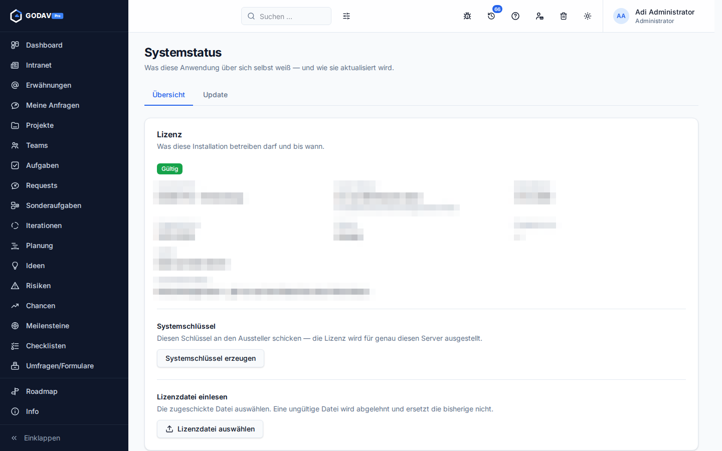 Die Systemseite mit Lizenzangaben, Systemschlüssel und dem Einlesen der Lizenzdatei