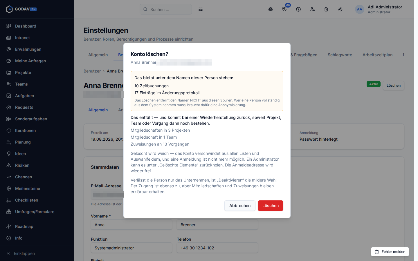 Die Rückfrage „Konto löschen?“ mit dem, was bleibt, und dem, was entfällt
