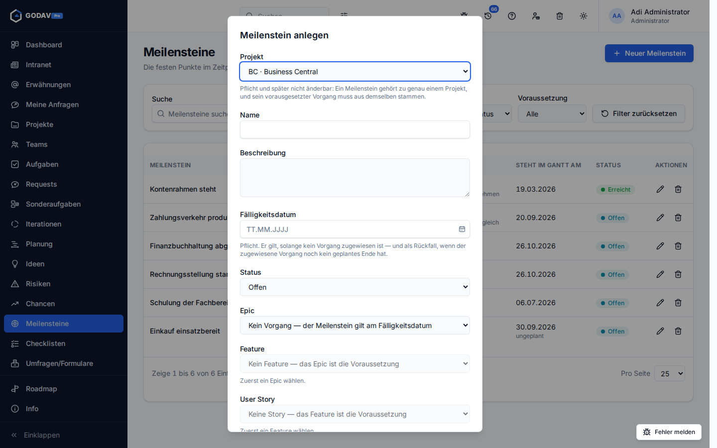 Der Dialog zum Anlegen eines Meilensteins mit Projekt, Fälligkeitsdatum und drei gestaffelten Auswahlfeldern für Epic, Feature und Story