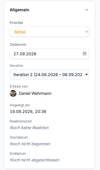 Die Box „Allgemein“ einer offenen Story: Reaktionszeit, Start- und Enddatum stehen als Sätze