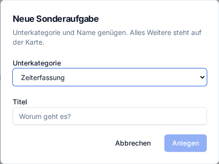 Das Fenster „Neue Sonderaufgabe“ mit Unterkategorie und Titel
