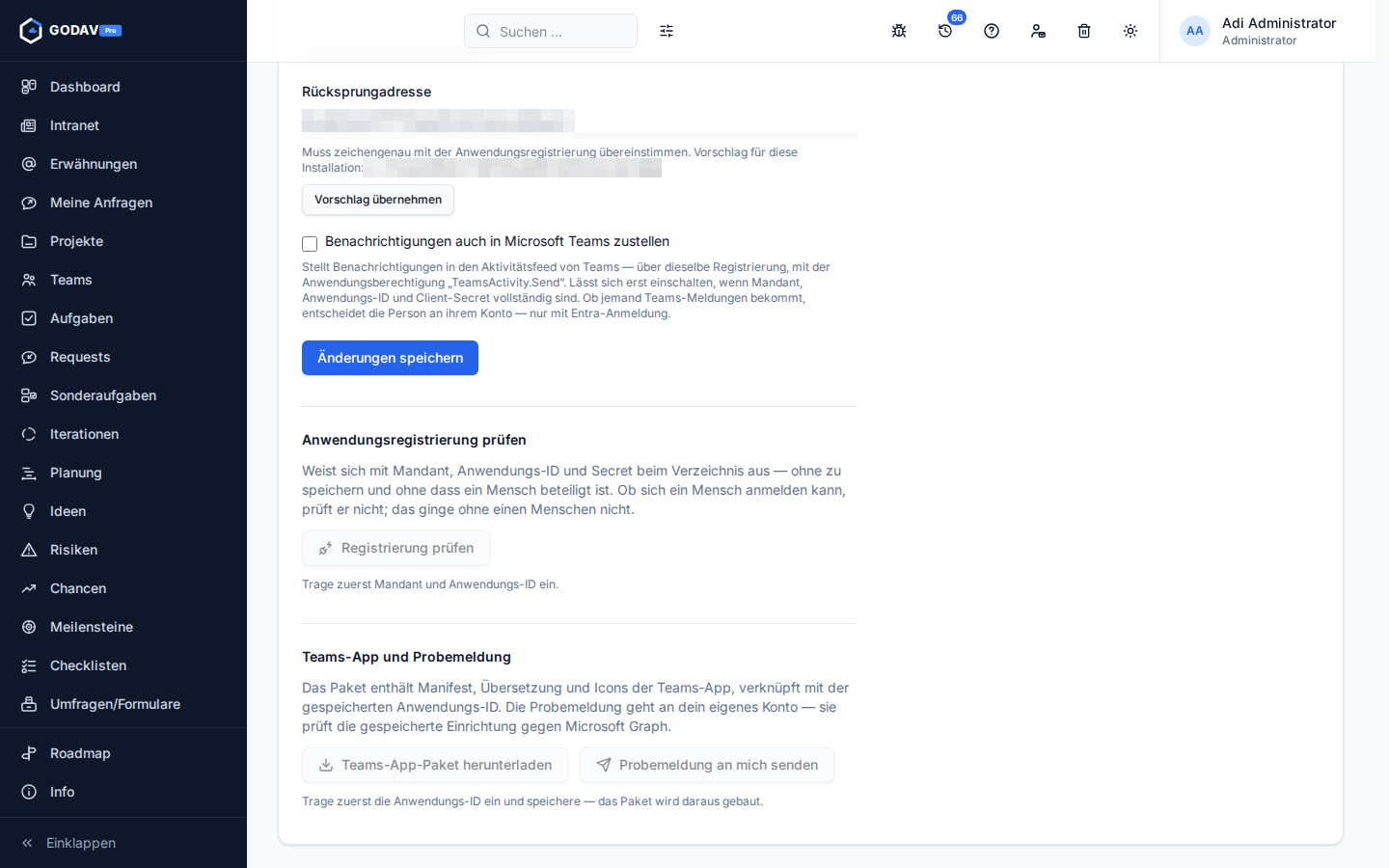 Die Einrichtung der Teams-Benachrichtigungen mit Schalter, App-Paket und Probemeldung
